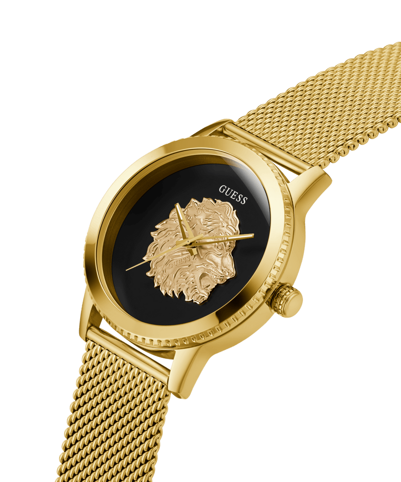 Guess Monarch Polished Gold Tone Case Sunray Black Dial With A Polished Gold Tone Lion And Polished Gold Tone Mesh Bracelet GW0702G1 Watches Guess 