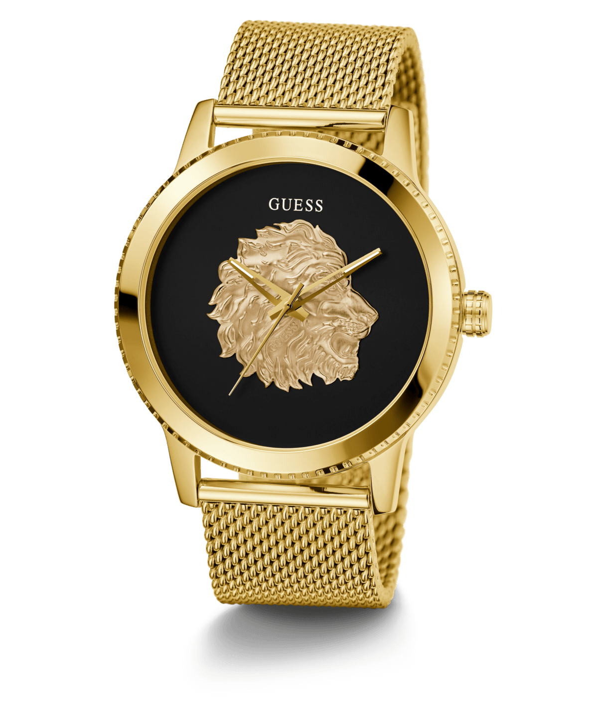 Guess Monarch Polished Gold Tone Case Sunray Black Dial With A Polished Gold Tone Lion And Polished Gold Tone Mesh Bracelet GW0702G1 Watches Guess 