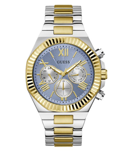 Guess Equity Brushed Silver Tone Case With Polished Gold Tone Bezel With Sunray Glacial Blue Multifunction Dial And Brushed And Polished Two Tone Bracelet GW0703G3 Watches Guess 