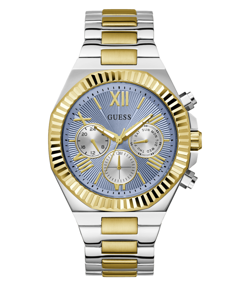 Guess Equity Brushed Silver Tone Case With Polished Gold Tone Bezel With Sunray Glacial Blue Multifunction Dial And Brushed And Polished Two Tone Bracelet GW0703G3 Watches Guess 