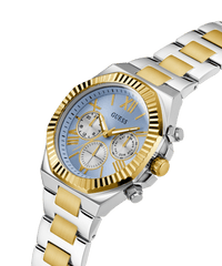 Guess Equity Brushed Silver Tone Case With Polished Gold Tone Bezel With Sunray Glacial Blue Multifunction Dial And Brushed And Polished Two Tone Bracelet GW0703G3 Watches Guess 