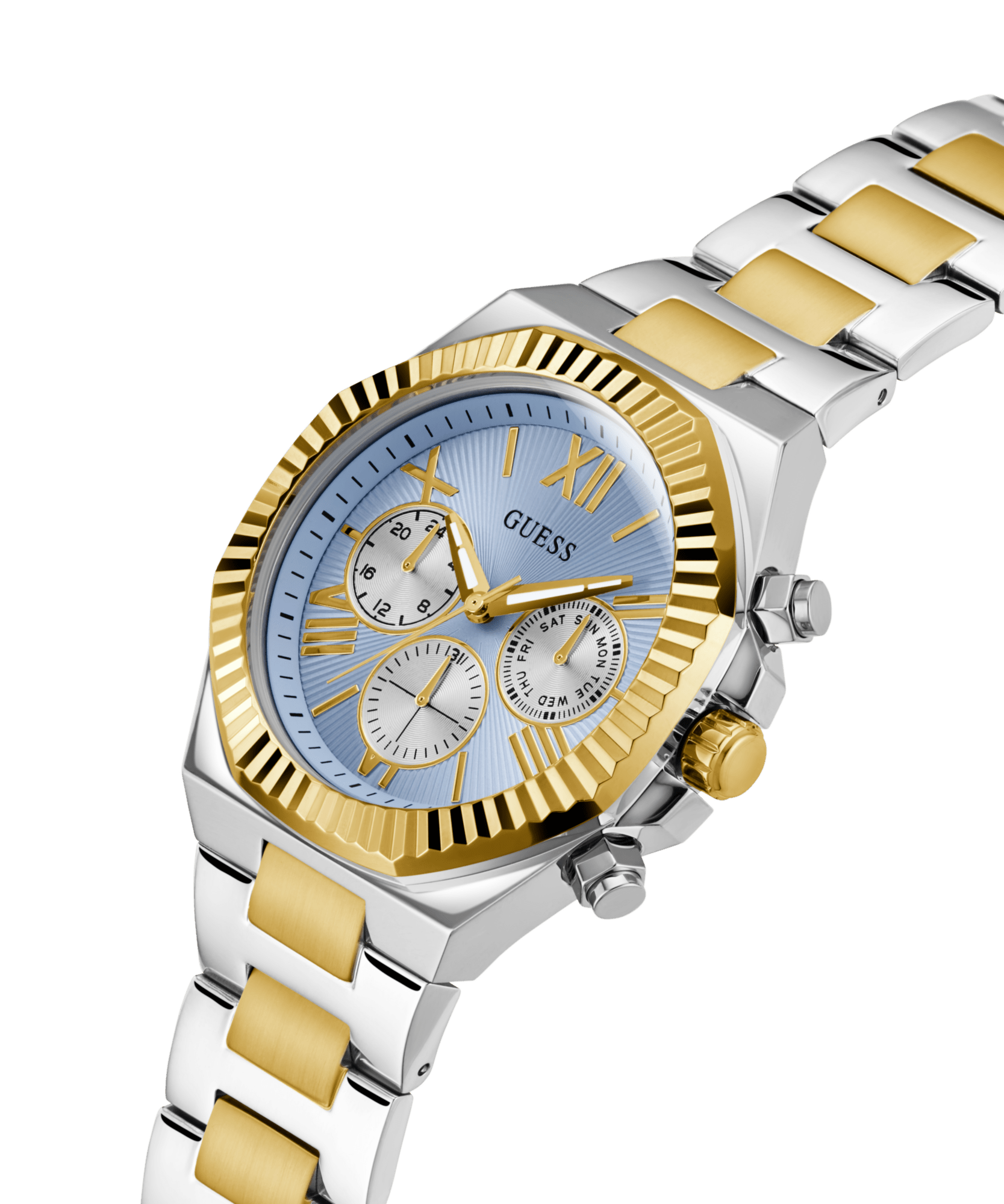 Guess Equity Brushed Silver Tone Case With Polished Gold Tone Bezel With Sunray Glacial Blue Multifunction Dial And Brushed And Polished Two Tone Bracelet GW0703G3 Watches Guess 