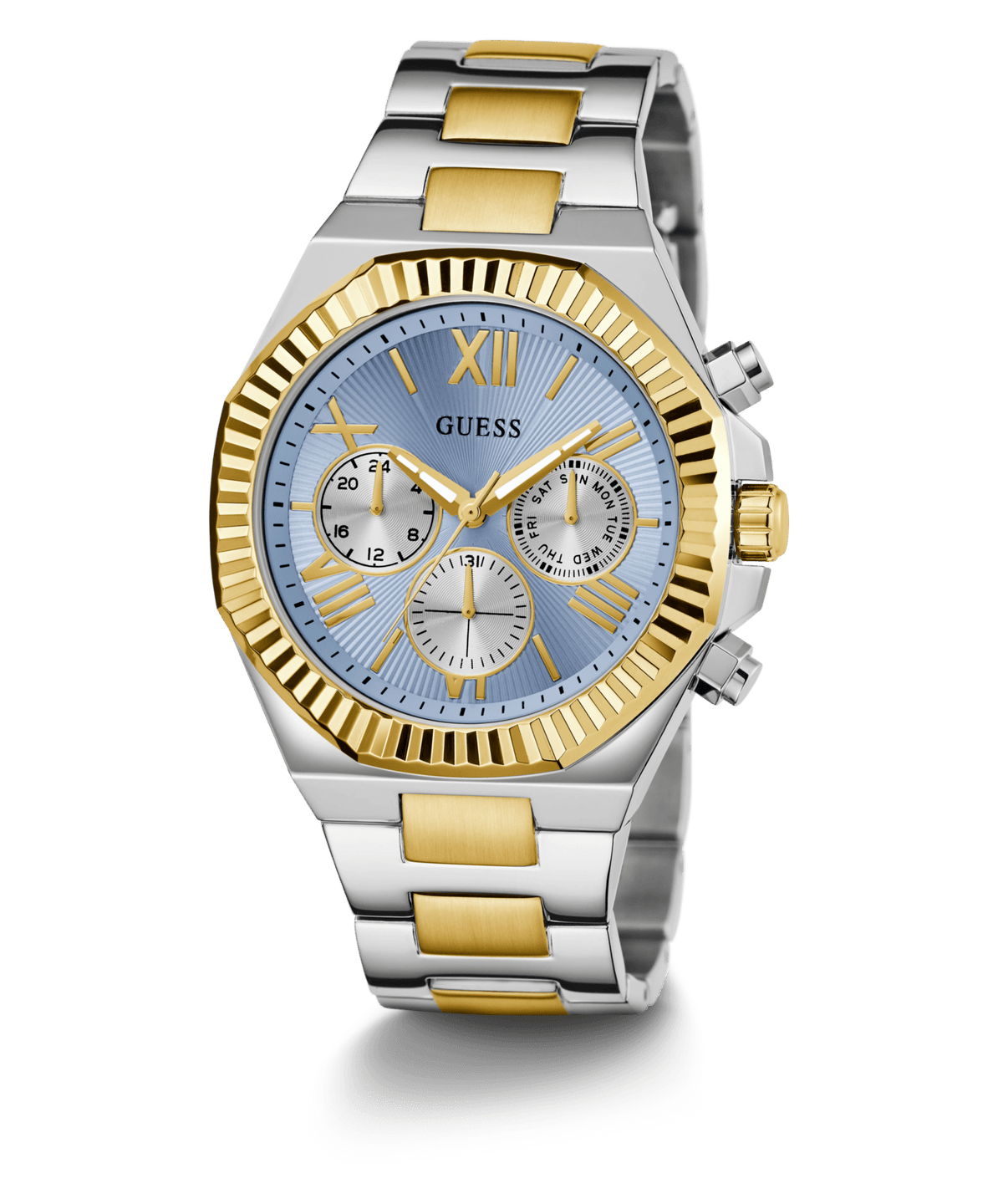 Guess Equity Brushed Silver Tone Case With Polished Gold Tone Bezel With Sunray Glacial Blue Multifunction Dial And Brushed And Polished Two Tone Bracelet GW0703G3 Watches Guess 