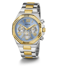 Guess Equity Brushed Silver Tone Case With Polished Gold Tone Bezel With Sunray Glacial Blue Multifunction Dial And Brushed And Polished Two Tone Bracelet GW0703G3 Watches Guess 