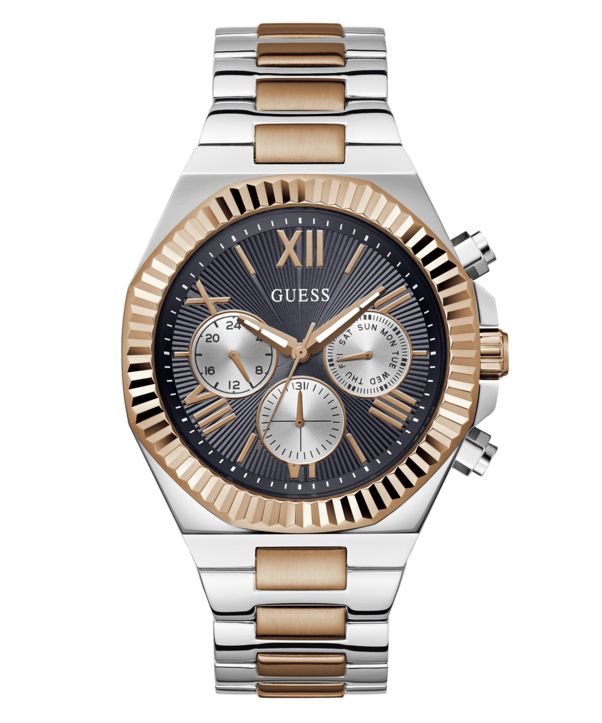 Guess Equity Brushed Silver Tone Case With Polished Rose Gold Tone Bezel With Sunray Navy Multifunction Dial And Brushed And Polished Two Tone Bracelet GW0703G4 Watches Guess 