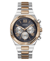Guess Equity Brushed Silver Tone Case With Polished Rose Gold Tone Bezel With Sunray Navy Multifunction Dial And Brushed And Polished Two Tone Bracelet GW0703G4 Watches Guess 
