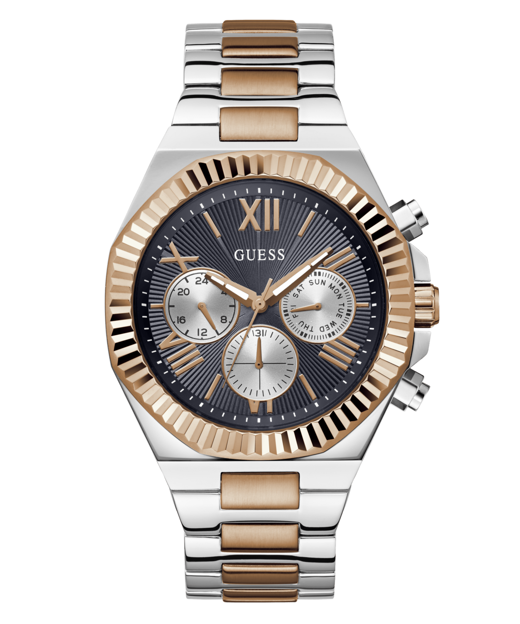 Guess Equity Brushed Silver Tone Case With Polished Rose Gold Tone Bezel With Sunray Navy Multifunction Dial And Brushed And Polished Two Tone Bracelet GW0703G4 Watches Guess 