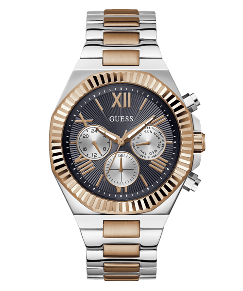 Guess Equity Brushed Silver Tone Case With Polished Rose Gold Tone Bezel With Sunray Navy Multifunction Dial And Brushed And Polished Two Tone Bracelet GW0703G4 Watches Guess 