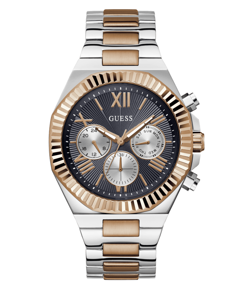 Guess Equity Brushed Silver Tone Case With Polished Rose Gold Tone Bezel With Sunray Navy Multifunction Dial And Brushed And Polished Two Tone Bracelet GW0703G4 Watches Guess 