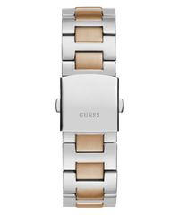 Guess Equity Brushed Silver Tone Case With Polished Rose Gold Tone Bezel With Sunray Navy Multifunction Dial And Brushed And Polished Two Tone Bracelet GW0703G4 Watches Guess 