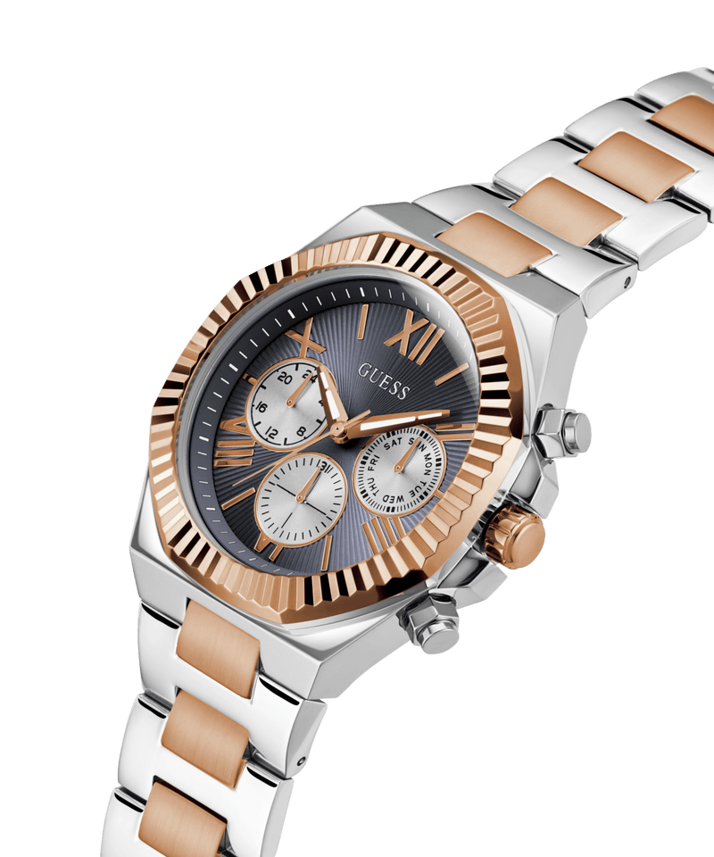 Guess Equity Brushed Silver Tone Case With Polished Rose Gold Tone Bezel With Sunray Navy Multifunction Dial And Brushed And Polished Two Tone Bracelet GW0703G4 Watches Guess 