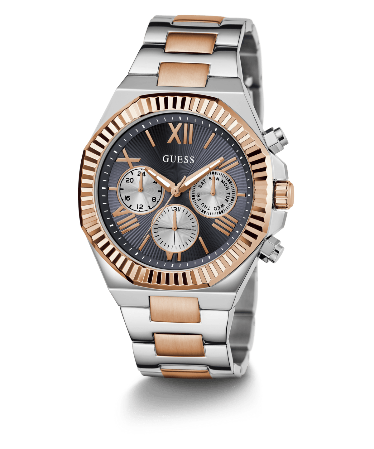 Guess Equity Brushed Silver Tone Case With Polished Rose Gold Tone Bezel With Sunray Navy Multifunction Dial And Brushed And Polished Two Tone Bracelet GW0703G4 Watches Guess 