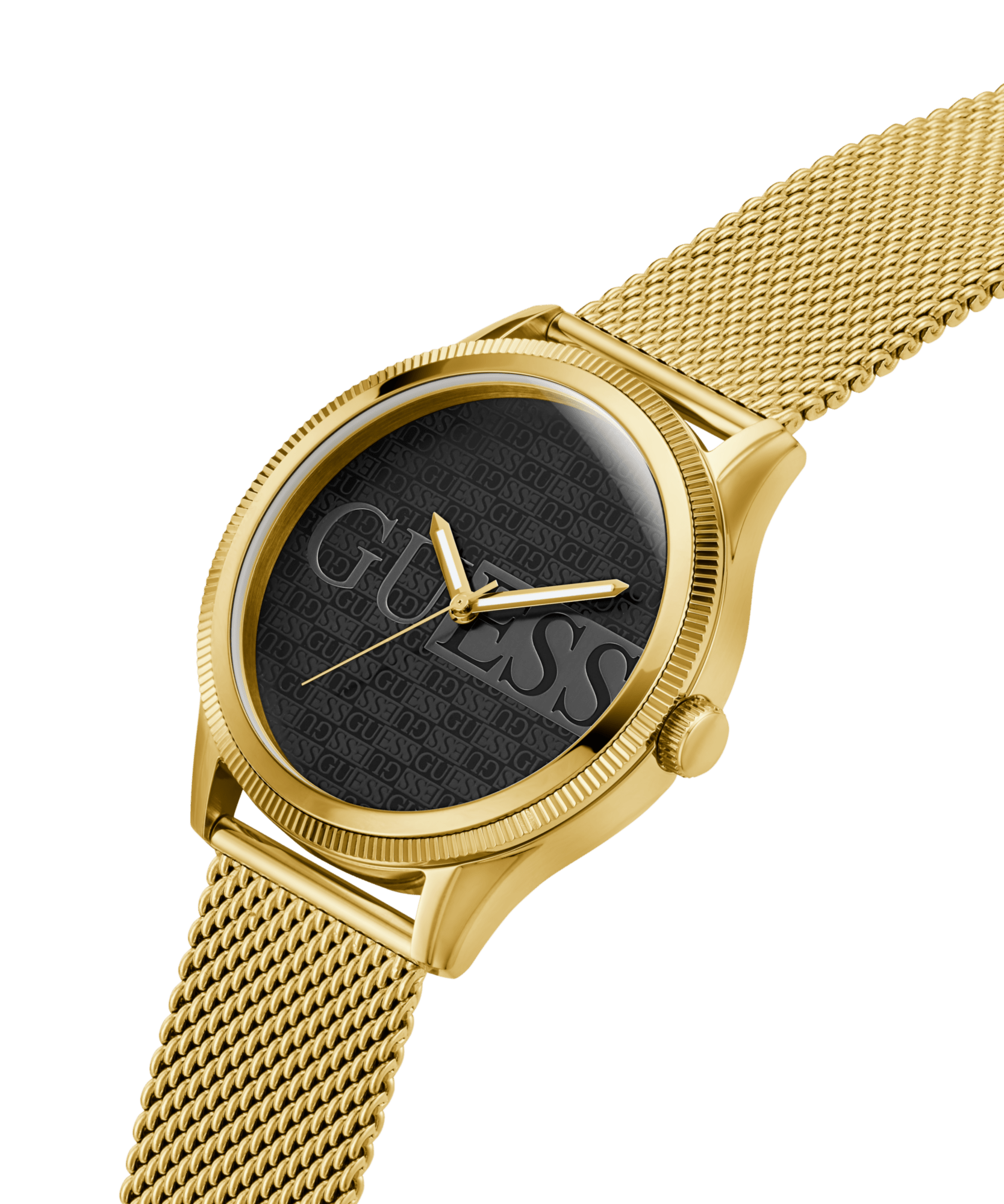 Guess Reputation Polished Gold Tone Case Sunray Black Logo Dial With Polished Gold Tone Mesh Bracelet GW0710G2 Watches Guess 