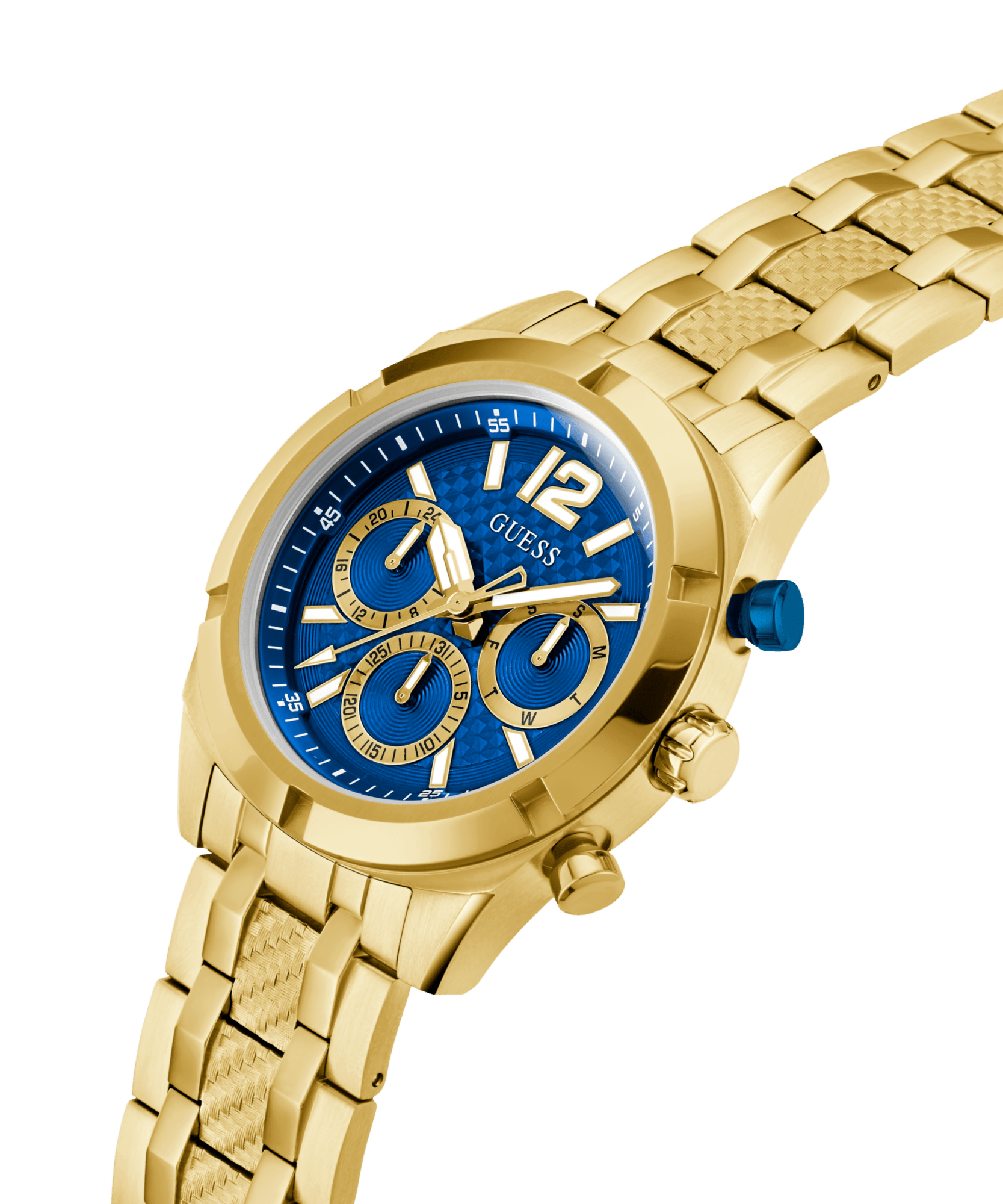 Guess Resistance Brushed Gold Tone Case With Polished Gold Tone Bezel Sunray Blue Multifunction With A Brushed And Polished Gold Tone Bracelet GW0714G2 Watches Guess 