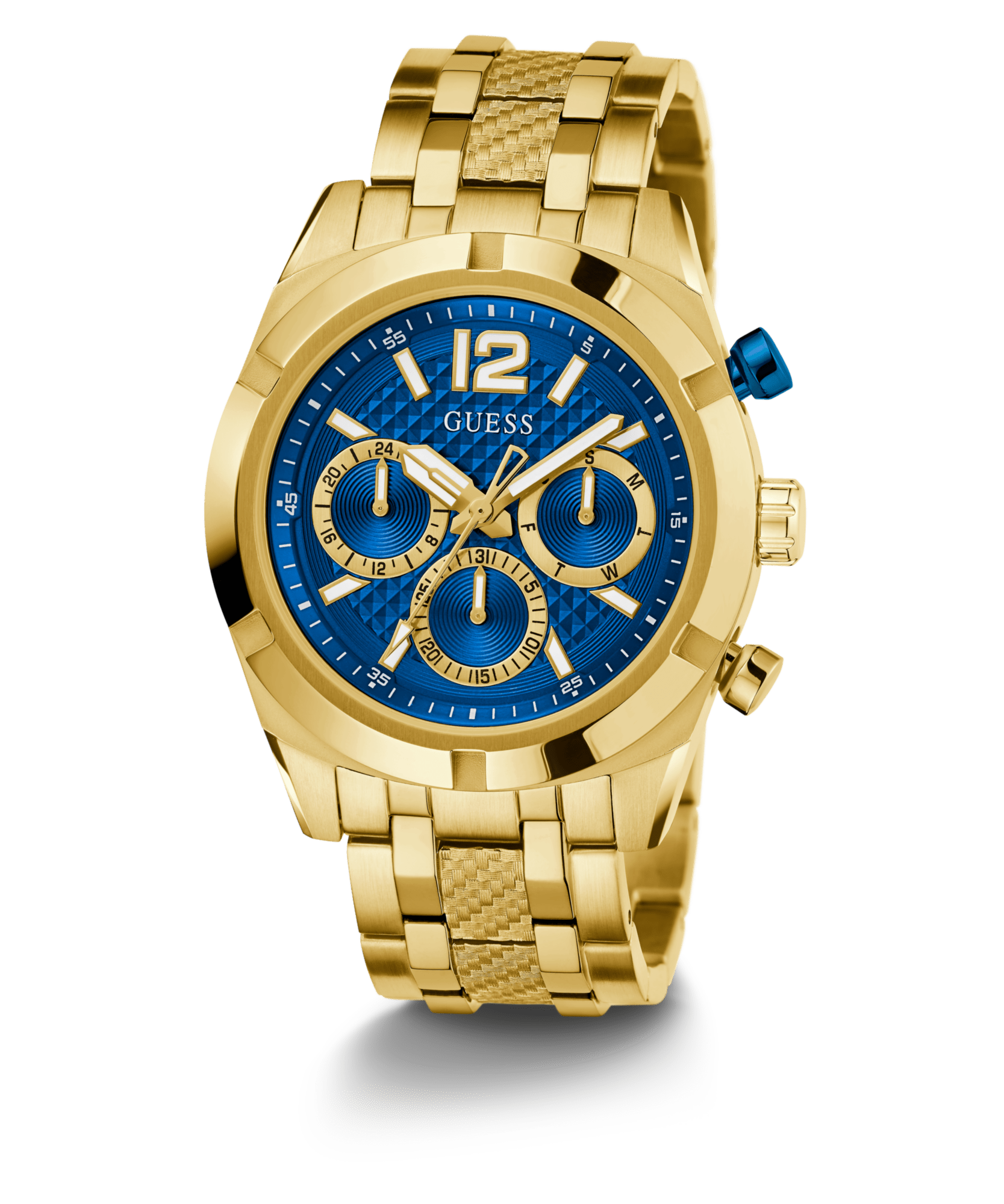 Guess Resistance Brushed Gold Tone Case With Polished Gold Tone Bezel Sunray Blue Multifunction With A Brushed And Polished Gold Tone Bracelet GW0714G2 Watches Guess 