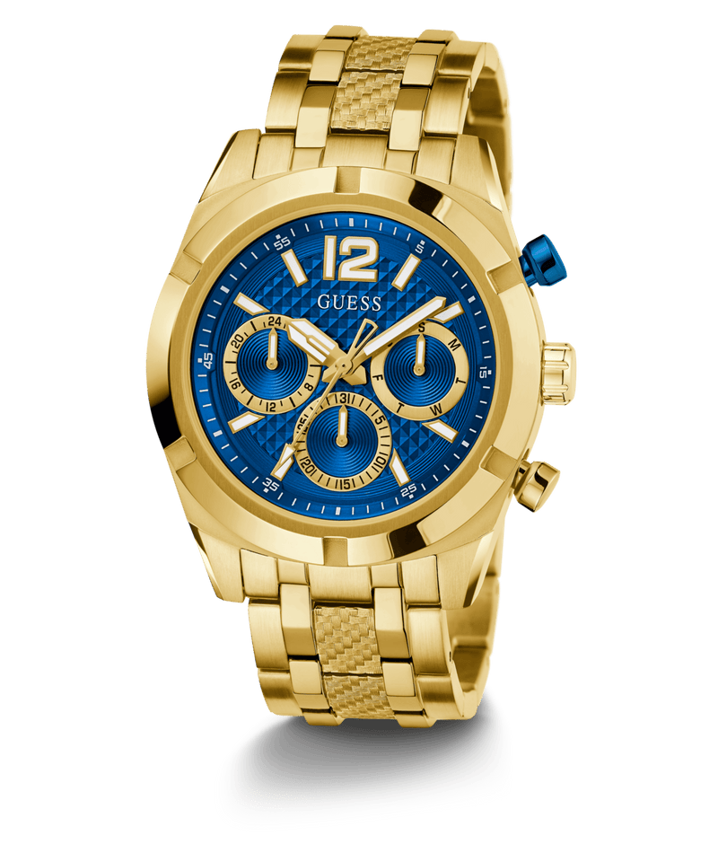 Guess Resistance Brushed Gold Tone Case With Polished Gold Tone Bezel Sunray Blue Multifunction With A Brushed And Polished Gold Tone Bracelet GW0714G2 Watches Guess 