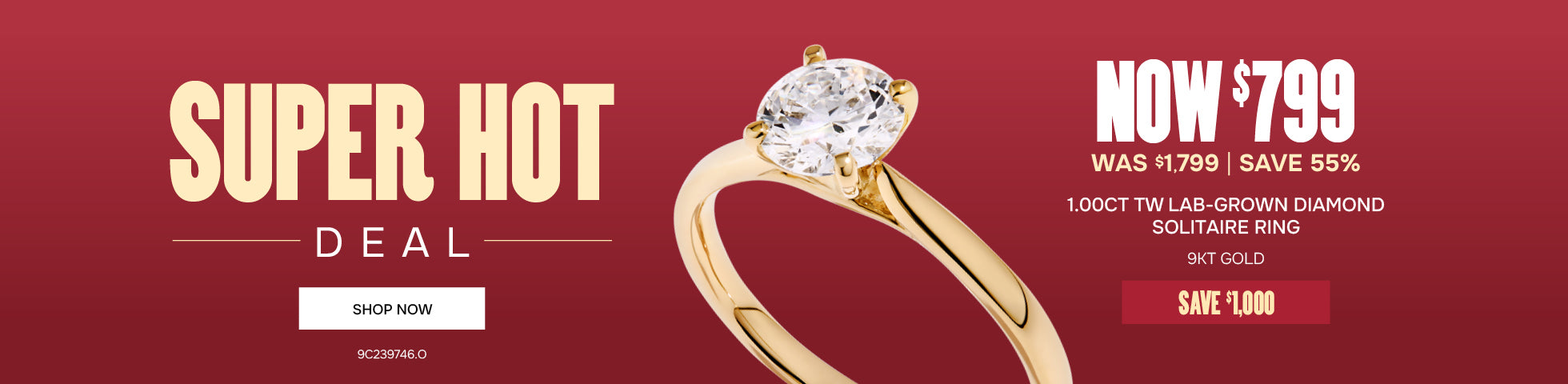 Gold ring with 1ct diamond on a red background with promotional text.