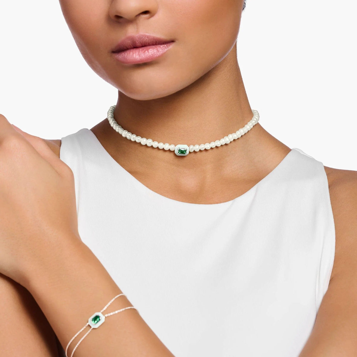 THOMAS SABO Choker Pearls With Green Stone Necklaces Thomas Sabo 