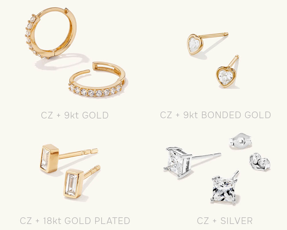 Four pairs of stud earrings and small metal components arranged on a light cream background, with text labels reading CZ + 9kt GOLD, CZ + 9kt BONDED GOLD, CZ + 18kt GOLD PLATED, and CZ + SILVER. The jewelry includes gold and silver-toned settings with clear stones.