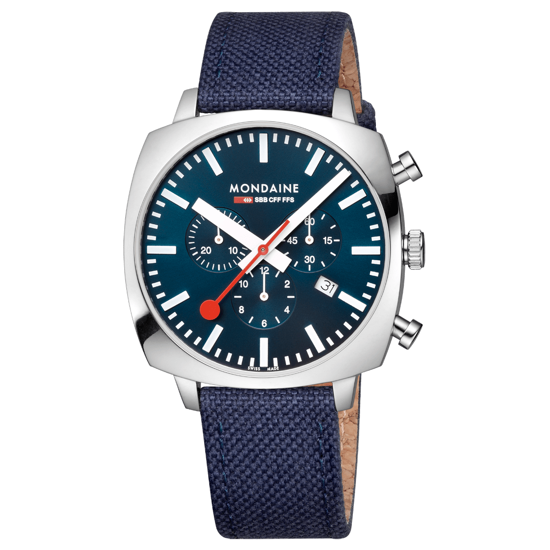 Mondaine Official Swiss Railways Grand Cushion 41mm Deep Ocean Blue Watch Set Watches Mondaine 