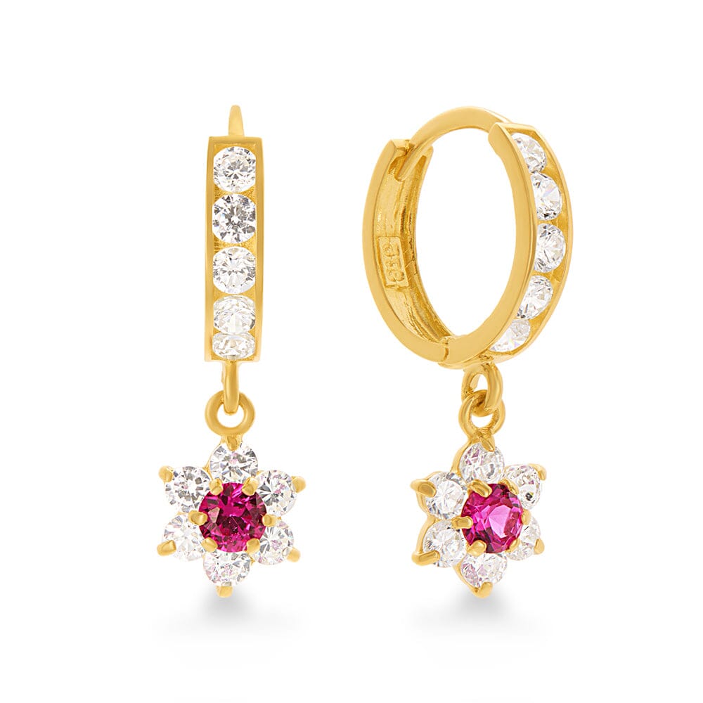 Flower Drop Hoop Earrings with Cubic Zirconia in 9ct Yellow Gold Earrings Bevilles 