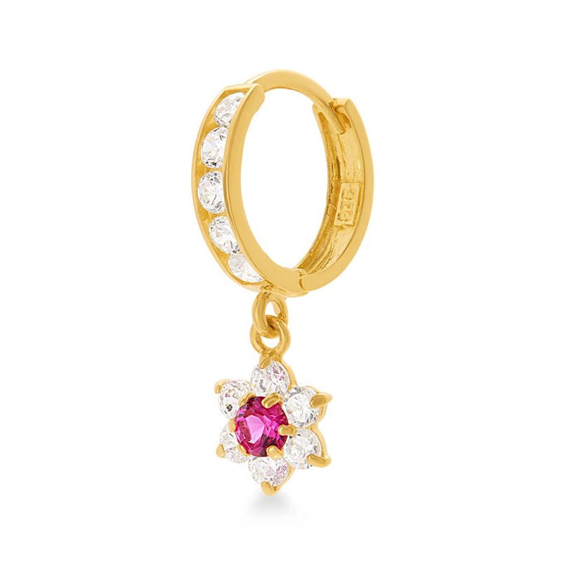 Flower Drop Hoop Earrings with Cubic Zirconia in 9ct Yellow Gold Earrings Bevilles 