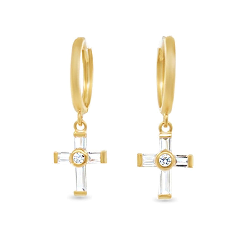 Cross Drop Earrings with Cubic Zirconia in 9ct Yellow Gold Earrings Bevilles 