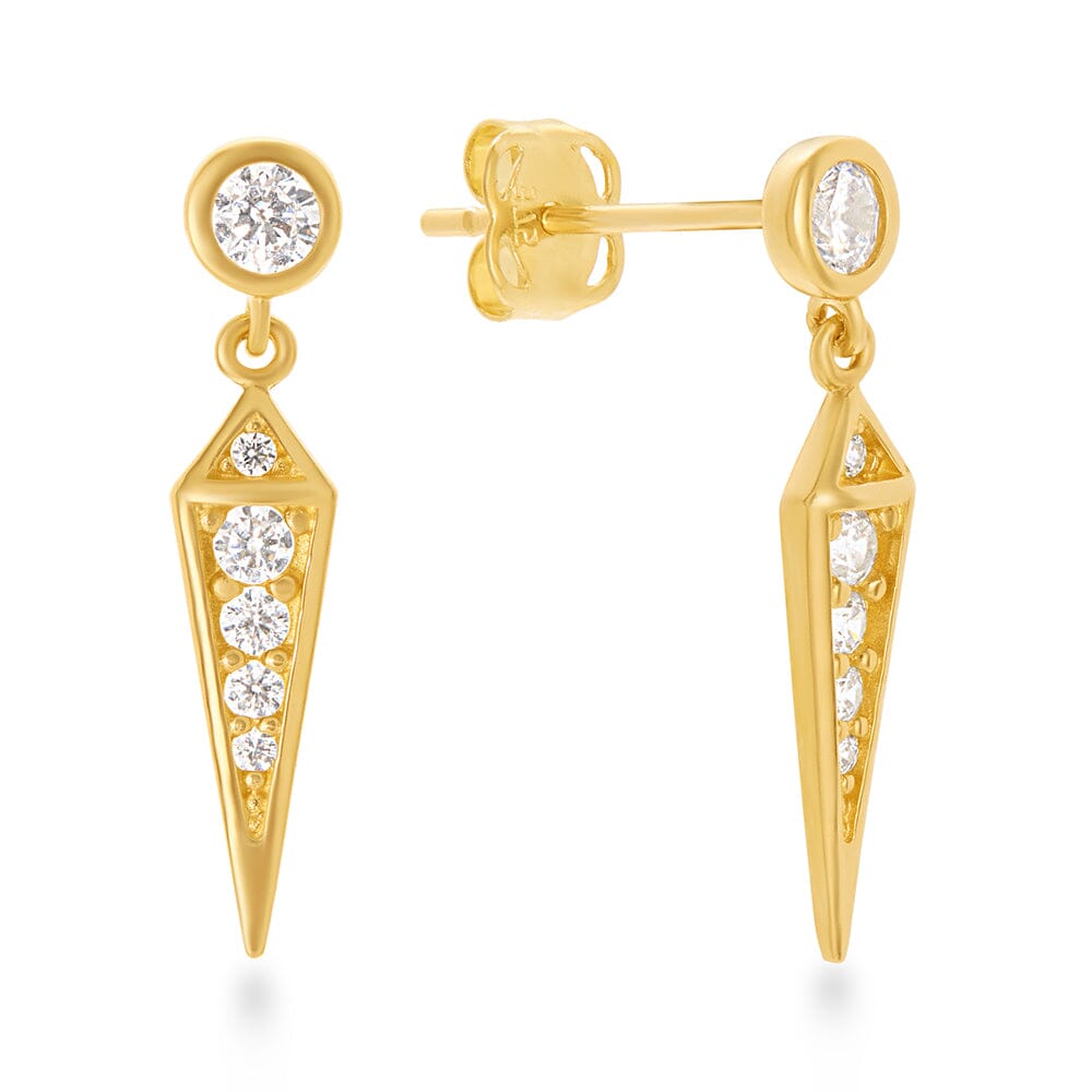 Long Triangle Drop Earrings with Cubic Zirconia in 9ct Yellow Gold Earrings Bevilles 