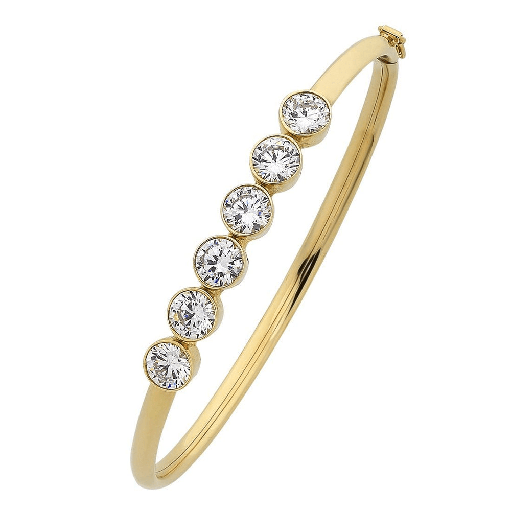 9ct Yellow Gold Silver Infused 6 Bezel Cubic Zirconia Oval Bangle Bangles Bevilles 