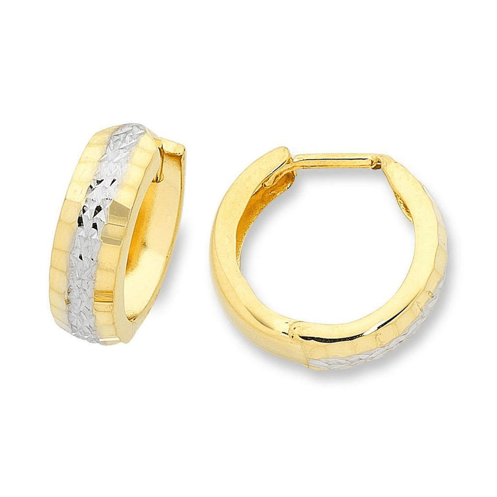 15mm Diamond Cut Huggies in 9kt Bonded Yellow and White Gold Earrings Bevilles 