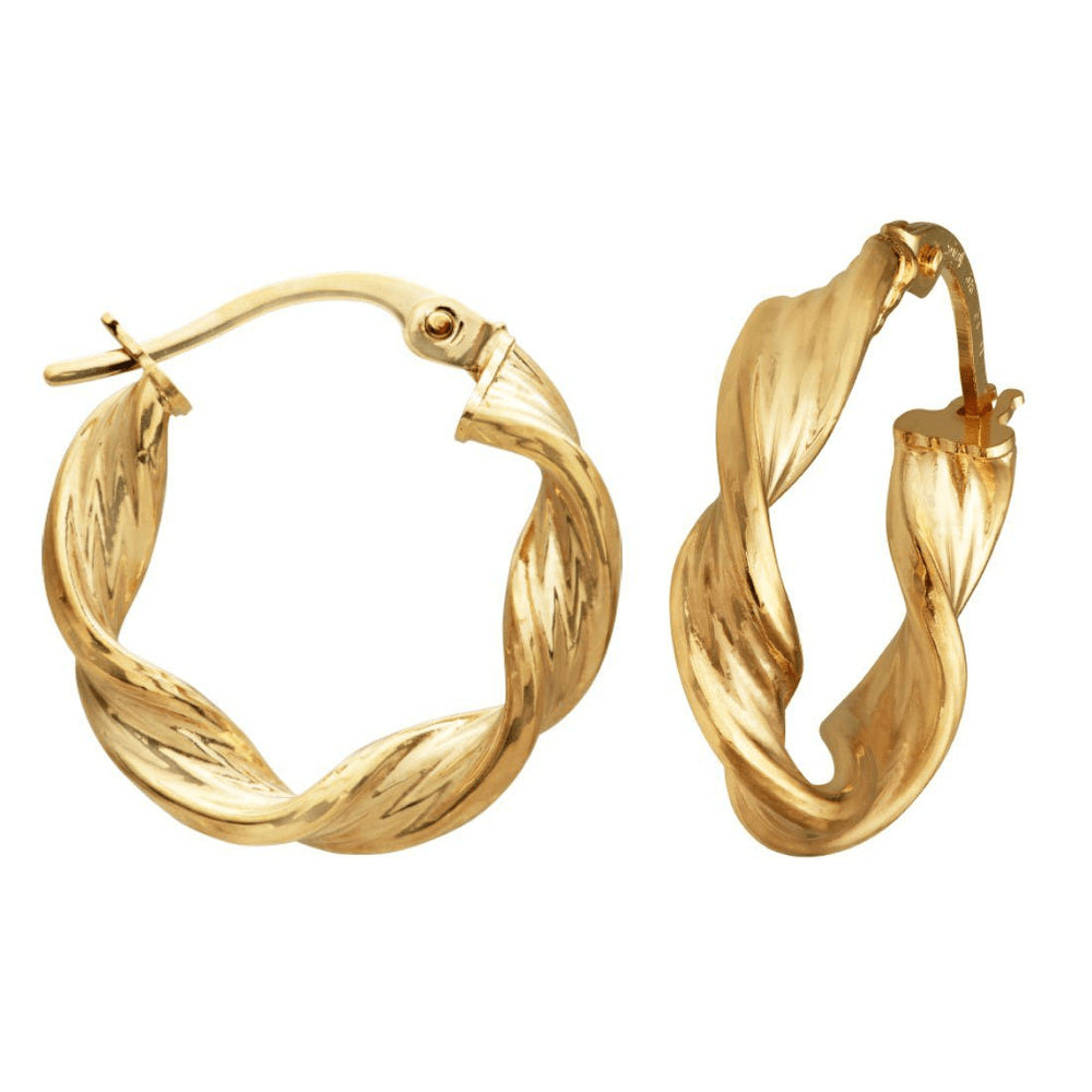 15mm Textured Twist Hoop Earrings in 9kt Yellow Gold Earrings Bevilles 