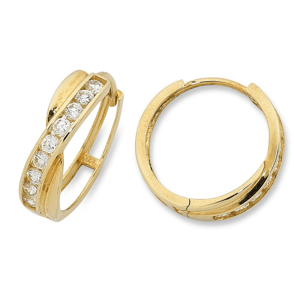 Cross Over Cubic Zirconia Huggie Earrings in 9kt Yellow Gold Earrings Bevilles 
