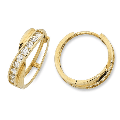 Cross Over Cubic Zirconia Huggie Earrings in 9kt Yellow Gold Earrings Bevilles 