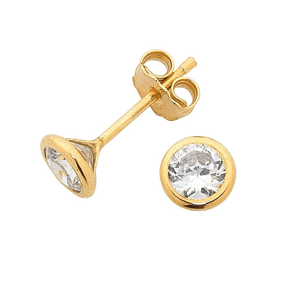 5mm Bezel Set Cubic Zirconia Stud Earrings in 9kt Bonded Gold Silver Filled Earrings Bevilles 