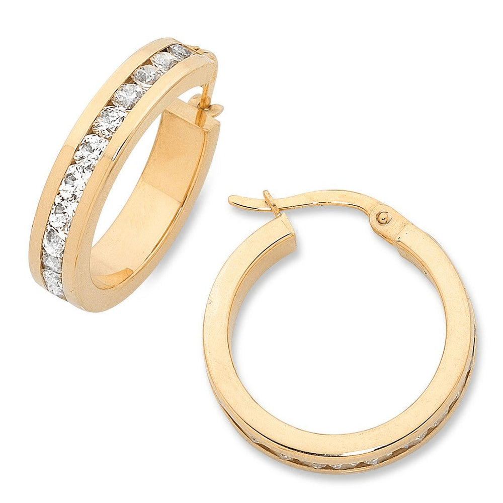 20mm Channel Set Cubic Zirconia Hoop Earrings in 9kt Bonded Gold Silver Filled Earrings Bevilles 