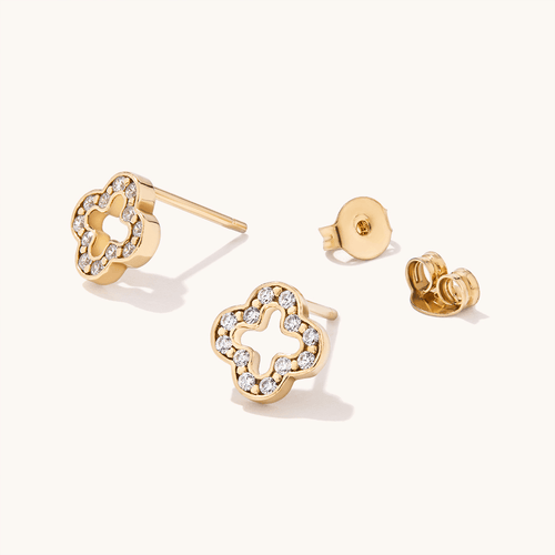 Cubic Zirconia Clover Stud Earrings in 9kt Bonded Gold Silver Filled Earrings Bevilles 