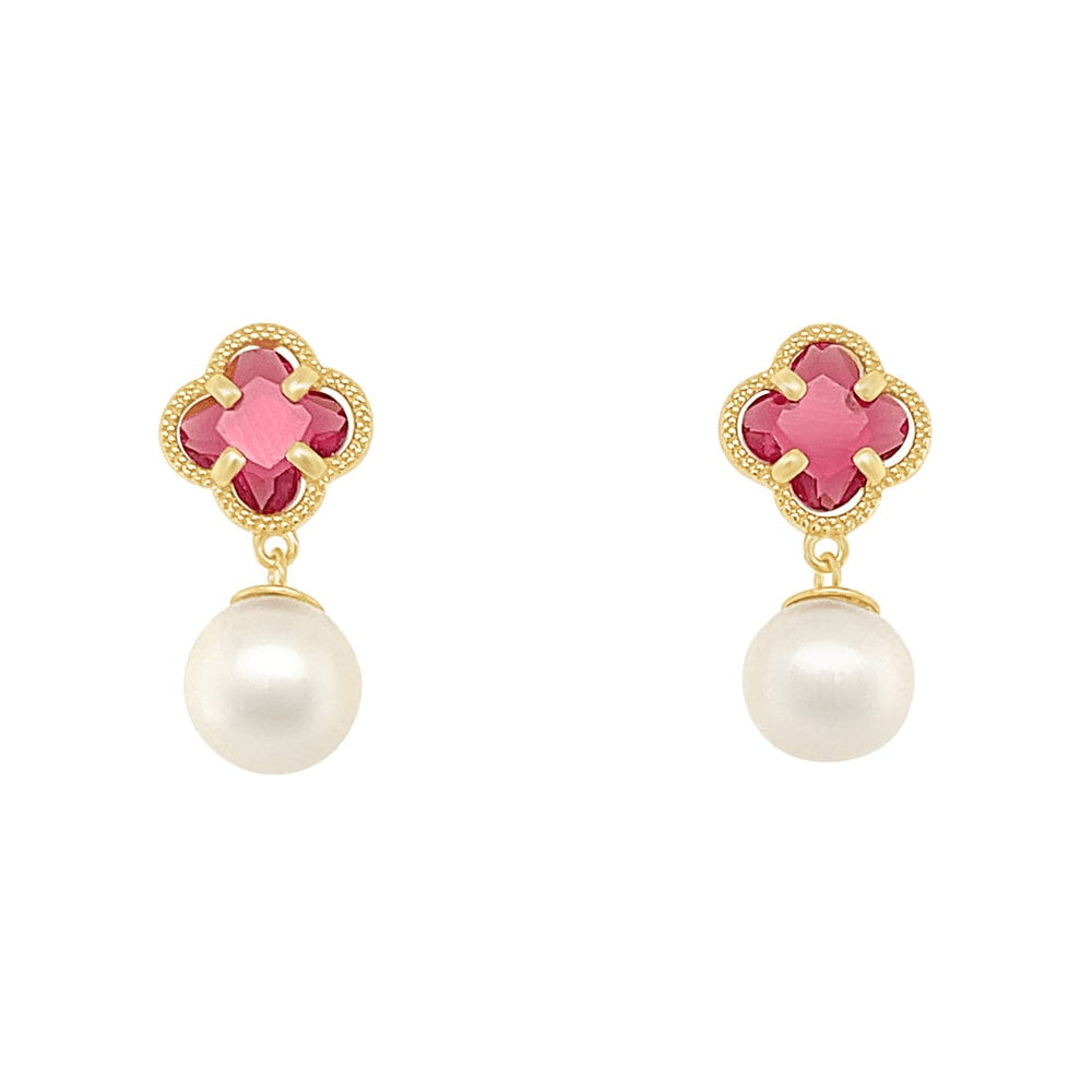 Red Clover and Pearl Stud Earrings in 9kt Bonded Gold Silver Filled Earrings Bevilles 