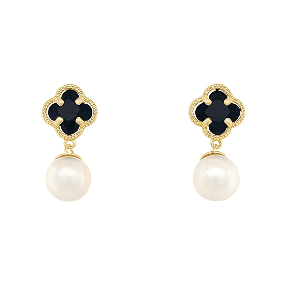 Black Clover and Pearl Stud Earrings in 9kt Bonded Gold Silver Filled Earrings Bevilles 