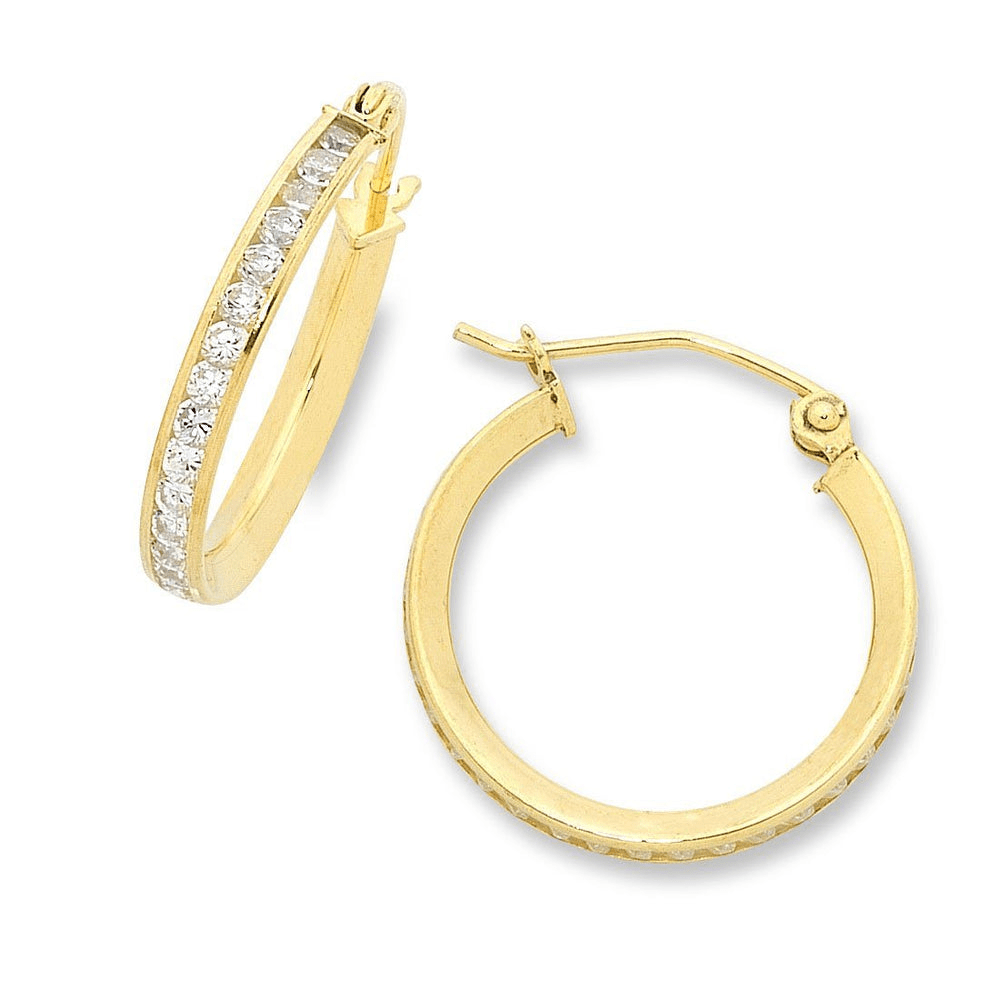 18mm Channel Set Cubic Zirconia Hoop Earrings in 9kt Bonded Gold Silver Filled Earrings Bevilles 