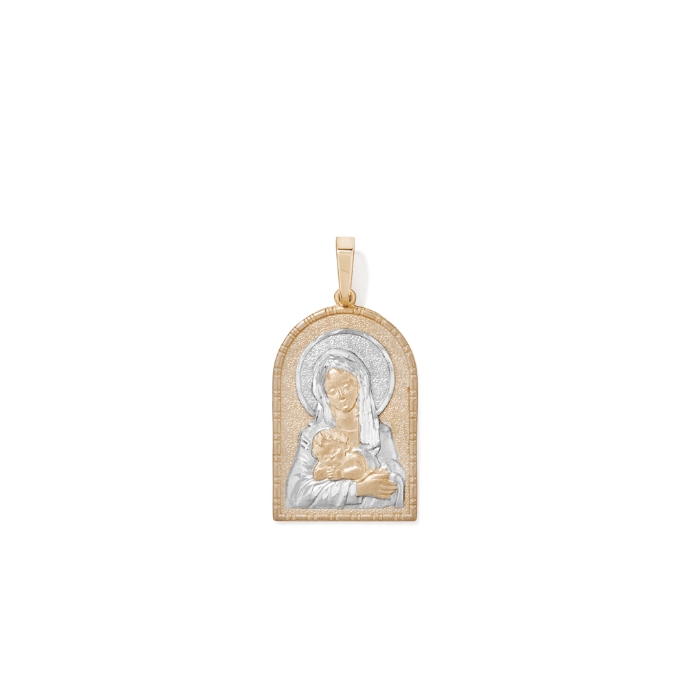 Arched Madonna Pendant in 9kt Yellow and White Gold Pendants Bevilles 