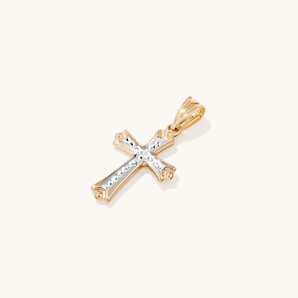 Diamond Cut Inlay Cross Pendant in 9kt White and Yellow Gold Pendants Bevilles 