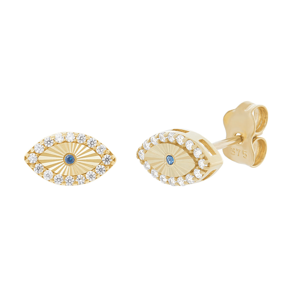 9kt Yellow Gold Evil Eye Stud Earrings with Cubic Zirconia Earrings Bevilles 