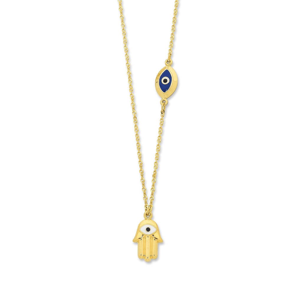 45cm Hamsa Pendant Necklace with Evil Eye Charm in 9kt Bonded Gold Silver Filled Pendants Bevilles 