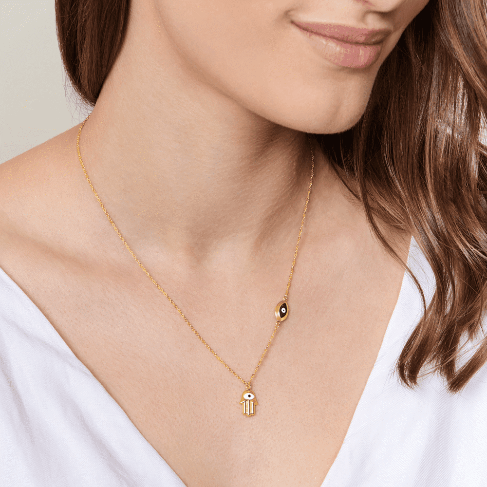 45cm Hamsa Pendant Necklace with Evil Eye Charm in 9kt Bonded Gold Silver Filled Pendants Bevilles 