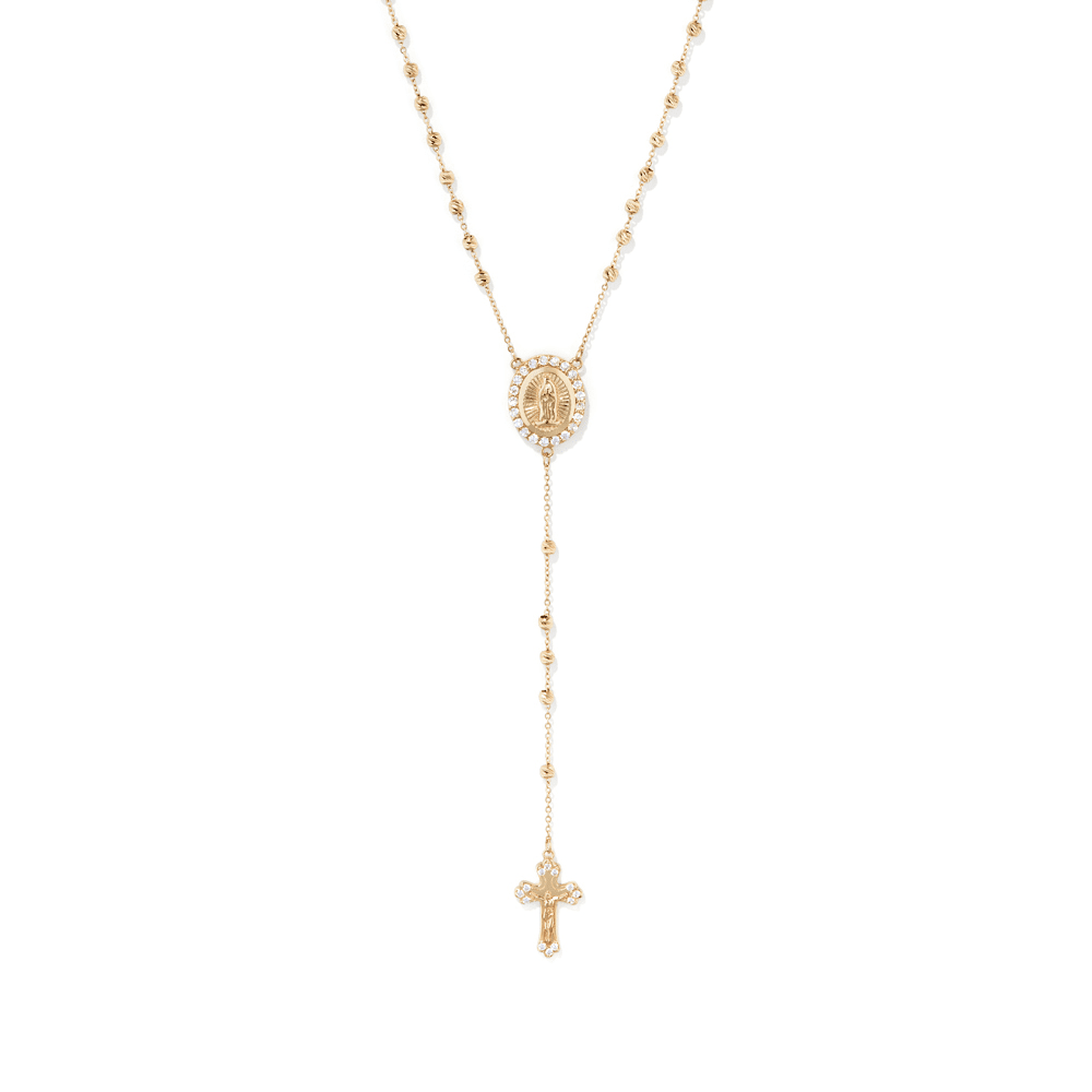 50cm Ornate Cubic Zirconia Rosary Bead Necklace in 9kt Yellow Gold Pendants Bevilles 