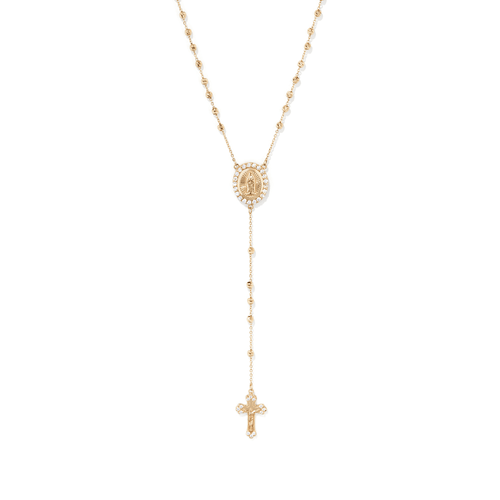 50cm Ornate Cubic Zirconia Rosary Bead Necklace in 9kt Yellow Gold Pendants Bevilles 