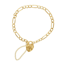 15cm Figaro Heart Padlock Bracelet in 9kt Bonded Gold Silver Filled Bracelets Bevilles 