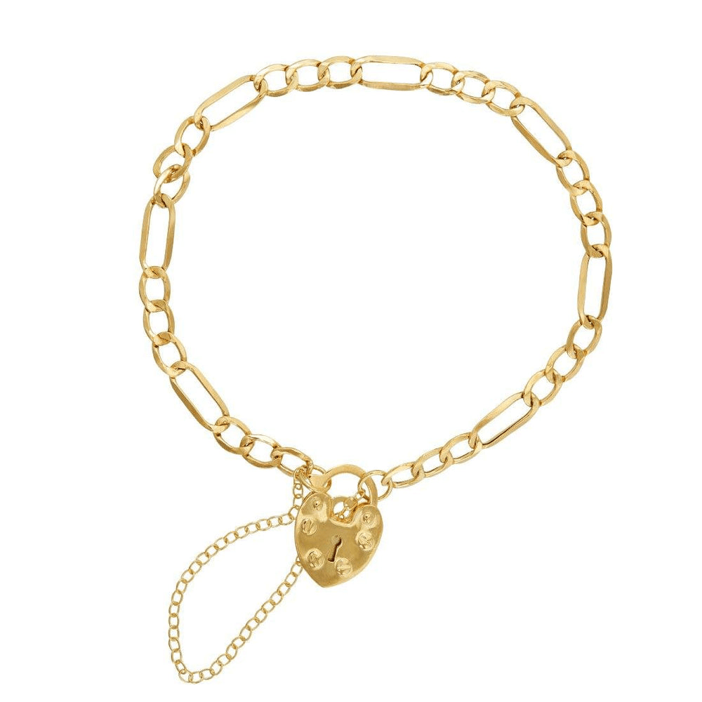 15cm Figaro Heart Padlock Bracelet in 9kt Bonded Gold Silver Filled Bracelets Bevilles 
