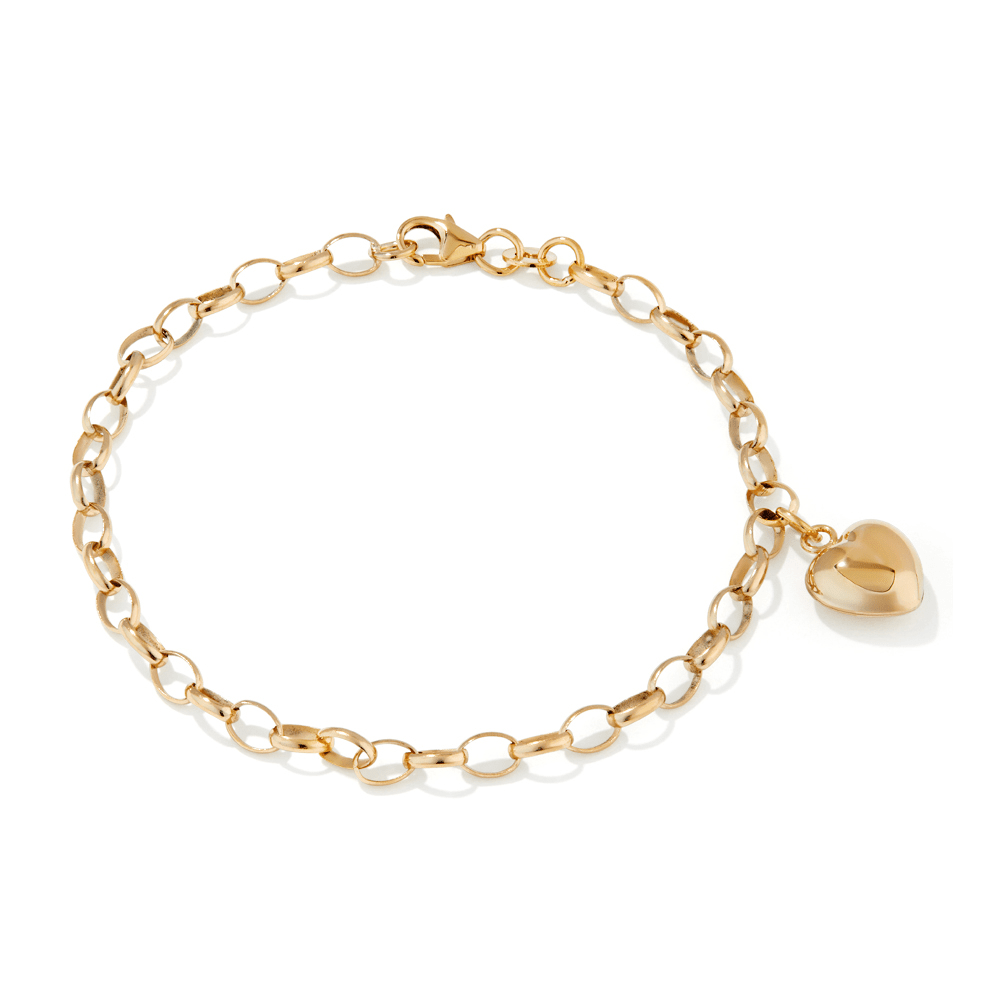 19cm Heart Charm Belcher Bracelet in 9kt Yellow Gold Bracelets Bevilles 