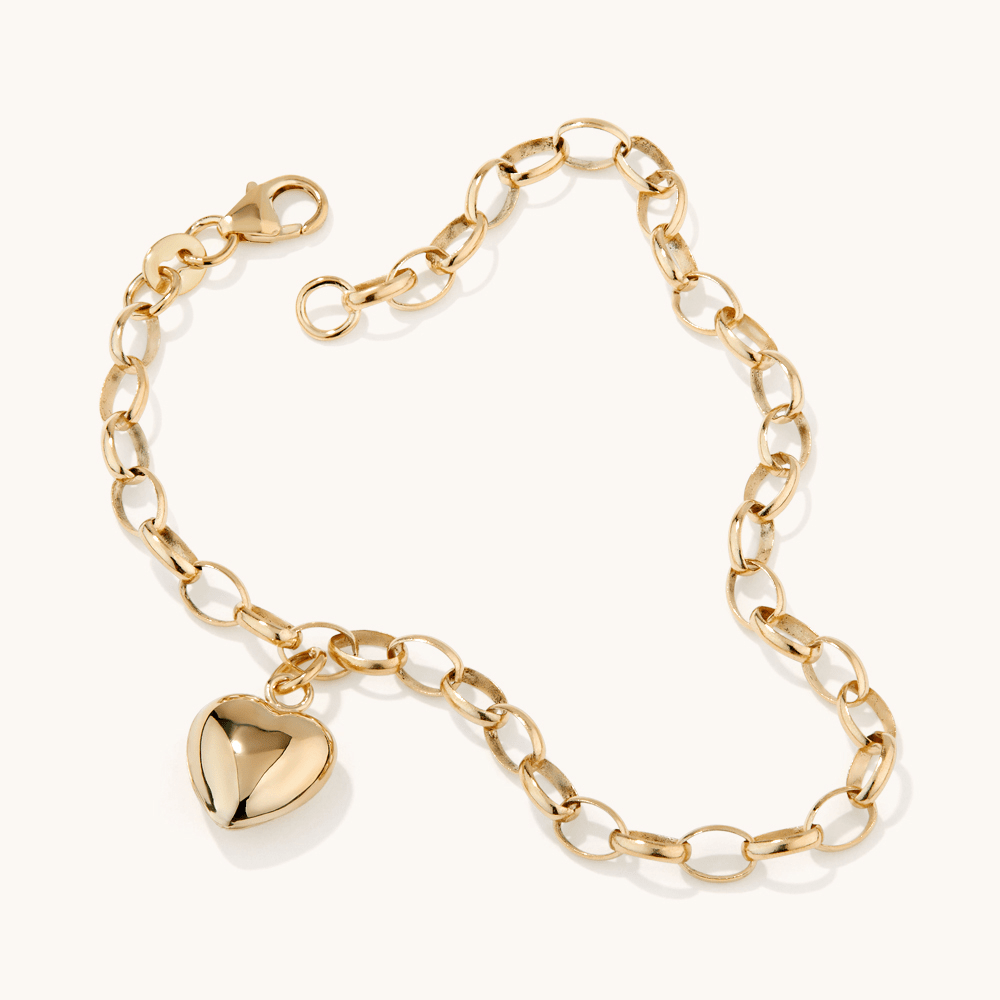 19cm Heart Charm Belcher Bracelet in 9kt Yellow Gold Bracelets Bevilles 